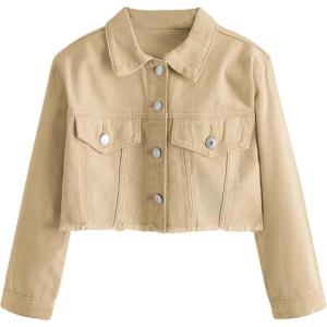 imageVerdusa Girls Raw Hem Long Sleeve Single Breasted Crop Denim Jacket OuterwearKhaki