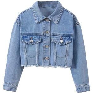 imageVerdusa Girls Raw Hem Long Sleeve Single Breasted Crop Denim Jacket OuterwearLight Blue