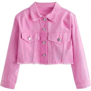 imageVerdusa Girls Raw Hem Long Sleeve Single Breasted Crop Denim Jacket OuterwearPink