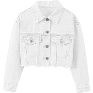 imageVerdusa Girls Raw Hem Long Sleeve Single Breasted Crop Denim Jacket OuterwearWhite