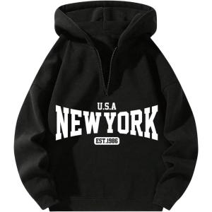 imageVerdusa Mens Quarter Zip Pullover Hoodies Long Sleeve Drop Shoulder Sweatshirt Casual PulloverLetter Dark Black