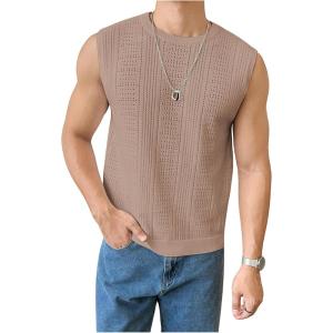 imageVerdusa Mens Sleeveless Round Neck Knit Tank Top Casual Sweater VestKhaki