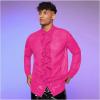 imageVerdusa Mens Long Sleeve Sheer Mesh Ruffle Trim Button Down Shirt TopHot Pink