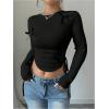 imageVerdusa Womens Asymmetrical Hem Long Sleeve Top Bow Tie Drawstring Side Y2K Tee Shirt TopsBlack