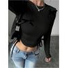 imageVerdusa Womens Asymmetrical Hem Long Sleeve Top Bow Tie Drawstring Side Y2K Tee Shirt TopsBlack
