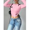 imageVerdusa Womens Asymmetrical Hem Long Sleeve Top Bow Tie Drawstring Side Y2K Tee Shirt TopsPink