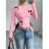 imageVerdusa Womens Asymmetrical Hem Long Sleeve Top Bow Tie Drawstring Side Y2K Tee Shirt TopsPink