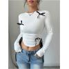 imageVerdusa Womens Asymmetrical Hem Long Sleeve Top Bow Tie Drawstring Side Y2K Tee Shirt TopsWhite