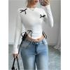imageVerdusa Womens Asymmetrical Hem Long Sleeve Top Bow Tie Drawstring Side Y2K Tee Shirt TopsWhite