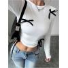 imageVerdusa Womens Asymmetrical Hem Long Sleeve Top Bow Tie Drawstring Side Y2K Tee Shirt TopsWhite