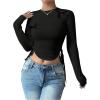 imageVerdusa Womens Asymmetrical Hem Long Sleeve Top Bow Tie Drawstring Side Y2K Tee Shirt TopsBlack