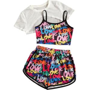 imageVerdusa Girls 3 Piece Mesh High Low Hem Tee Letter Graphic Cami Top and ShortsMulticolor
