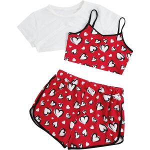 imageVerdusa Girls 3 Piece Mesh High Low Hem Tee Letter Graphic Cami Top and ShortsRed