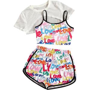 imageVerdusa Girls 3 Piece Mesh High Low Hem Tee Letter Graphic Cami Top and ShortsWhite Multi