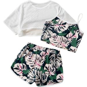 imageVerdusa Girls 3 Piece Mesh High Low Hem Tee Letter Graphic Cami Top and ShortsWhite and Black