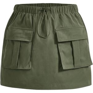 imageVerdusa Girls Drawstring Elastic Waist Flap Pocket Straight Cargo Mini SkirtArmy Green