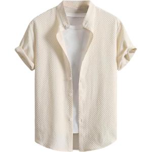 imageVerdusa Mens Casual Button Down Shirt Short Sleeve Collared TopApricot