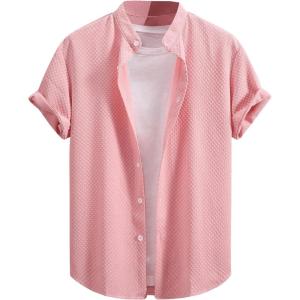 imageVerdusa Mens Casual Button Down Shirt Short Sleeve Collared TopPink