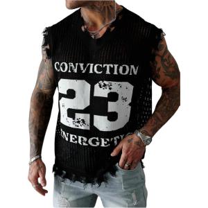imageVerdusa Mens Graphic Letter Print Ripped Sweater Vest Sleeveless Summer Knit TopsBlack