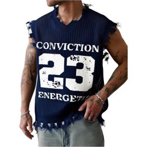 imageVerdusa Mens Graphic Letter Print Ripped Sweater Vest Sleeveless Summer Knit TopsBlue