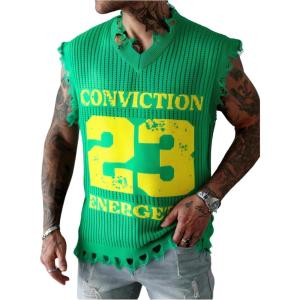 imageVerdusa Mens Graphic Letter Print Ripped Sweater Vest Sleeveless Summer Knit TopsGreen