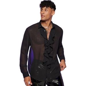 imageVerdusa Mens Long Sleeve Sheer Mesh Ruffle Trim Button Down Shirt TopBlack