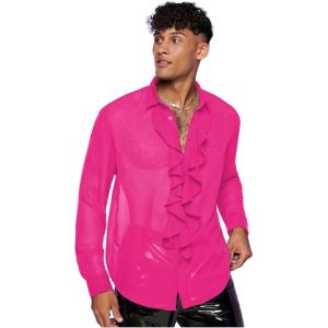 imageVerdusa Mens Long Sleeve Sheer Mesh Ruffle Trim Button Down Shirt TopHot Pink
