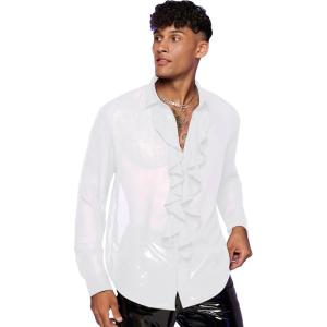 imageVerdusa Mens Long Sleeve Sheer Mesh Ruffle Trim Button Down Shirt TopWhite