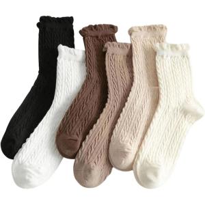 imageVerdusa Womens 6pairs Floral Plaid Print Crew SocksBlack White Beige