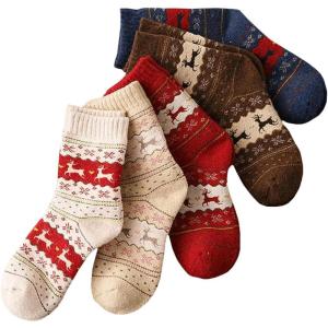 imageVerdusa Womens 6pairs Floral Plaid Print Crew SocksChristmas Red