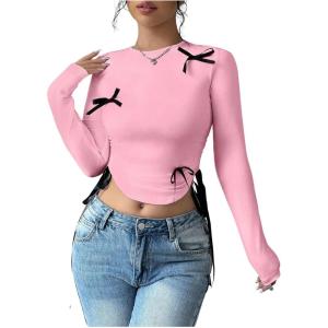 imageVerdusa Womens Asymmetrical Hem Long Sleeve Top Bow Tie Drawstring Side Y2K Tee Shirt TopsPink