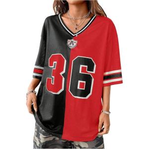 imageVerdusa Womens Jersey Shirt Oversized Tshirts Colorblock V Neck Half Sleeve Graphic Tee TopsRed