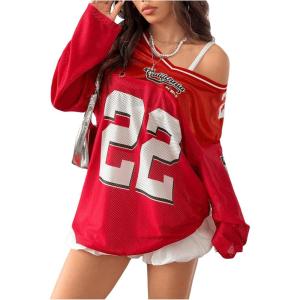 imageVerdusa Womens Oversized Jersey Shirt V Neck Long Sleeve Graphic Tee TopsRed