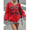 imageVerdusa Womens Graphic Loose Jersey Shirts V Neck Long Sleeve Game Sweatshirts TopRed