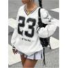 imageVerdusa Womens Graphic Loose Jersey Shirts V Neck Long Sleeve Game Sweatshirts TopWhite
