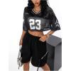 imageVerdusa Womens Jersey Shirts Hip Hop V Neck Short Sleeve Mesh Crop Top Graphic TeesBlack
