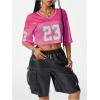 imageVerdusa Womens Jersey Shirts Hip Hop V Neck Short Sleeve Mesh Crop Top Graphic TeesHot Pink