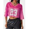 imageVerdusa Womens Jersey Shirts Hip Hop V Neck Short Sleeve Mesh Crop Top Graphic TeesHot Pink