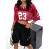 imageVerdusa Womens Jersey Shirts Hip Hop V Neck Short Sleeve Mesh Crop Top Graphic TeesRed