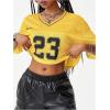 imageVerdusa Womens Jersey Shirts Hip Hop V Neck Short Sleeve Mesh Crop Top Graphic TeesYellow