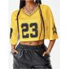 imageVerdusa Womens Jersey Shirts Hip Hop V Neck Short Sleeve Mesh Crop Top Graphic TeesYellow