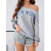 imageVerdusa Womens Letter Graphic Off The Shoulder T Shirts Long Sleeve Loose Sweatshirt Tee TopsGrey