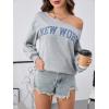 imageVerdusa Womens Letter Graphic Off The Shoulder T Shirts Long Sleeve Loose Sweatshirt Tee TopsGrey