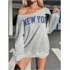 imageVerdusa Womens Letter Graphic Off The Shoulder T Shirts Long Sleeve Loose Sweatshirt Tee TopsLight Grey