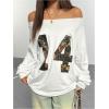 imageVerdusa Womens Letter Graphic Off The Shoulder T Shirts Long Sleeve Loose Sweatshirt Tee TopsWhitegreen
