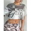 imageVerdusa Womens Metallic Letter Print Crop T Shirt Round Neck Short Sleeve Loose Tee TopSilver