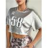 imageVerdusa Womens Metallic Letter Print Crop T Shirt Round Neck Short Sleeve Loose Tee TopSilver