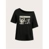 imageVerdusa Womens Off The Shoulder Tee Tops Letter Print Short Sleeve Oversized T ShirtBlack Beige