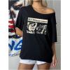 imageVerdusa Womens Off The Shoulder Tee Tops Letter Print Short Sleeve Oversized T ShirtBlack Beige