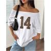 imageVerdusa Womens Off The Shoulder Tee Tops Letter Print Short Sleeve Oversized T ShirtWhite Brown